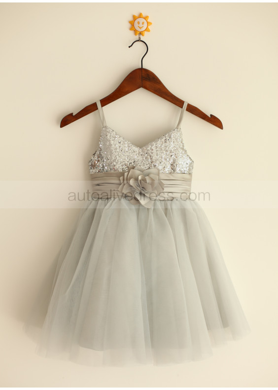 Thin Straps Silver Sequin Folded Sash Tulle Flower Girl Dress